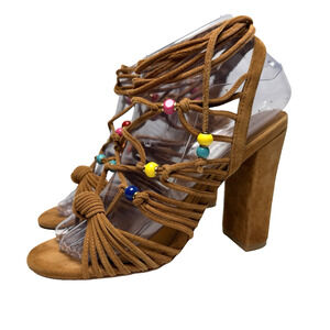 Steve Madden Scenes Lace Up Sandals Womens Sz 6 Brown Suede Beaded BOHO Festival
